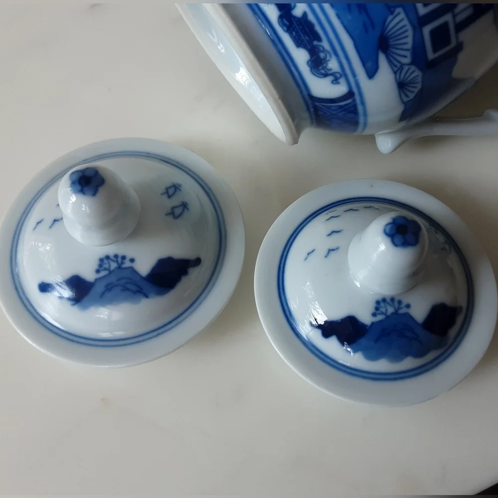 Jingdezhen Porcelain Blue & White Canton 3 Piece Tea Set - Vtg
